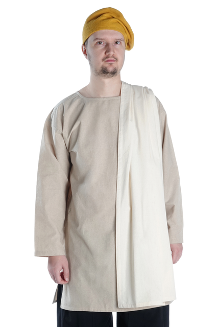 mittelalterliche Tunika mit Rundkragen mittellang in natur-beige - Frontansicht