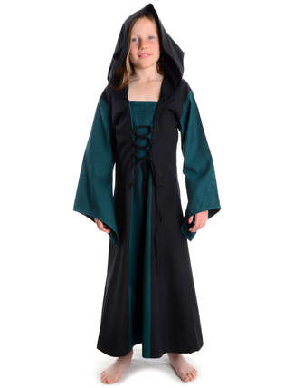 Mittelalter Kinderkleid mit Gugel Kapuze in schwarz, grün, rot, blau, braun und weiss