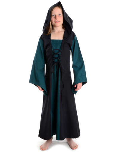 Mittelalter Kinderkleid mit Gugel Kapuze in schwarz, grün, rot, blau, braun und weiss