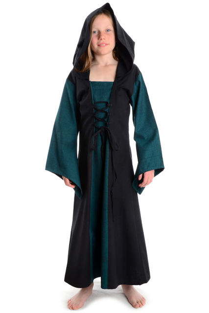 Mittelalter Kinderkleid mit Gugel Kapuze in schwarz, grün, rot, blau, braun und weiss