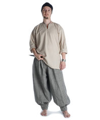 mittelalterliche tunika kurz mit schlitzkragen in natur-beige, blau und schwarz