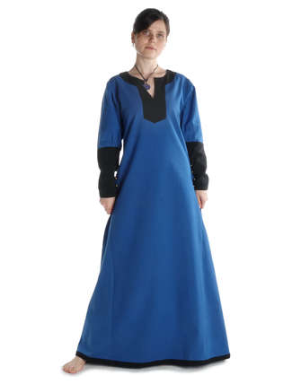 Mittelalter Kleid Skalmöld in Königsblau-Schwarz Frontansicht