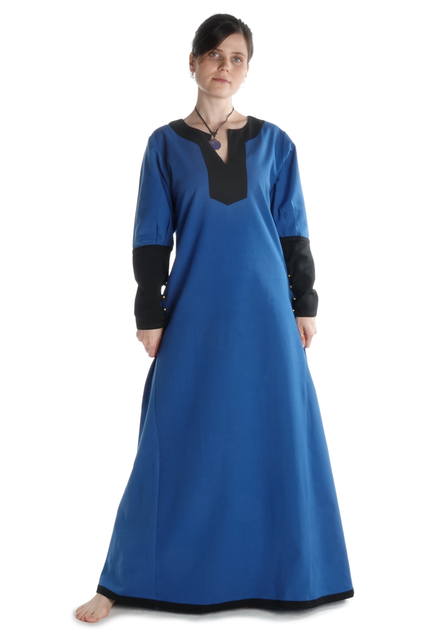 Mittelalter Kleid Skalmöld in Königsblau-Schwarz Frontansicht