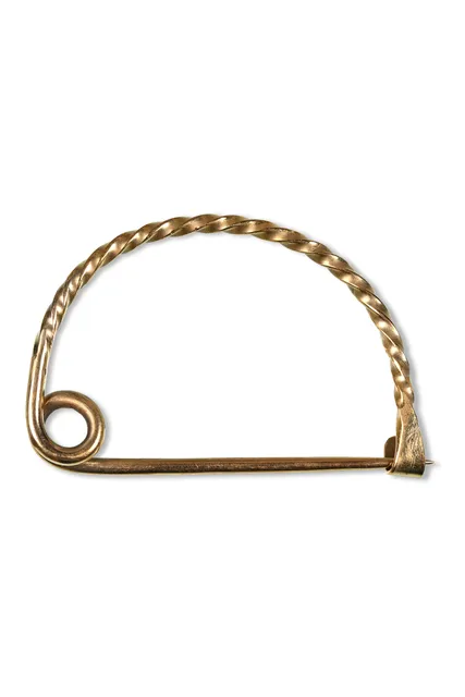 Kelten Bogenfibel Lugh aus Messing in Golden Frontansicht