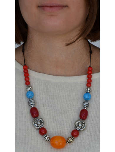 Mittelalter Halskette Lin aus Weißmetall-Resin in Blau-Rot RÃ¼ckansicht