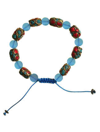 Mittelalter Armband Iblis mit Mosaiksteinen aus Messing-Glassteine in Permutfarben bunt Rot-Türkis Frontansicht