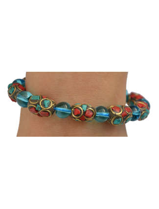 Mittelalter Armband Iblis mit Mosaiksteinen aus Messing-Glassteine in Permutfarben bunt Rot-Türkis Frontansicht 2