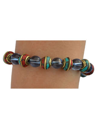Mittelalter Armband Iblis mit Mosaiksteinen aus Messing-Glassteine in Perlmutfarben-Rot-Türkis Frontansicht 2