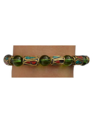 Mittelalter Armband Gyburg mit Mosaikperlen aus Messing-Glassteine in Permutfarben bunt Rot-Türkis Frontansicht 2