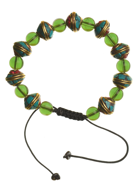 Mittelalter Armband Gyburg mit Mosaikperlen aus Messing-Glassteine in Perlmutfarben-Türkis Frontansicht