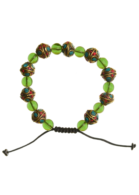 Mittelalter Armband Gyburg mit Mosaikperlen aus Messing-Glassteine in Perlmutfarben-Rot-Türkis Frontansicht