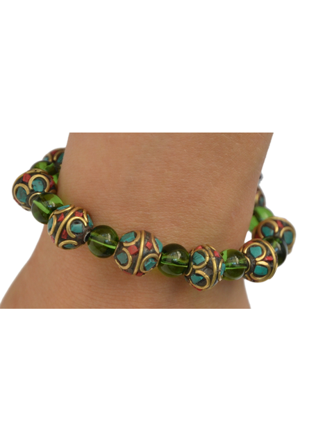 Mittelalter Armband Gyburg mit Mosaikperlen aus Messing-Glassteine in Perlmutfarben-Rot-Türkis Frontansicht 2