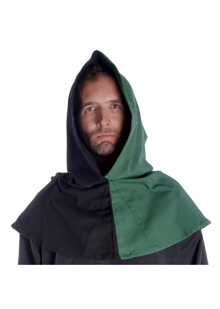 Mittelalter Gugel Etzel in Schwarz-Grün Frontansicht