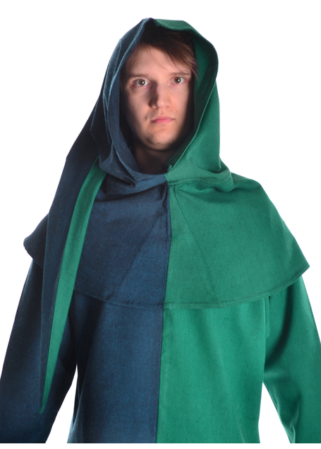 Mittelalter Gugel Etzel in Blau-Grün Frontansicht