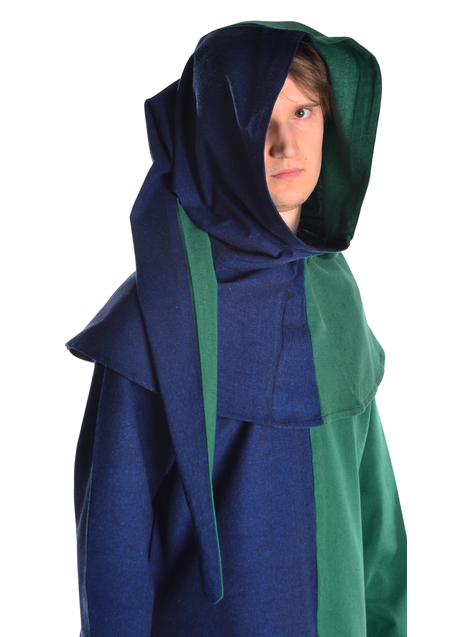 Mittelalter Gugel Etzel in Blau-Grün Seitenansicht