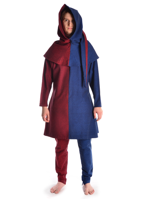 Mittelalter Gugel Etzel in Rot-Blau Frontansicht