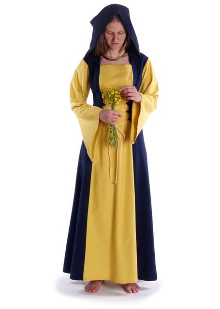 Mittelalter Kleid Liebgart in Gelb-Blau Frontansicht