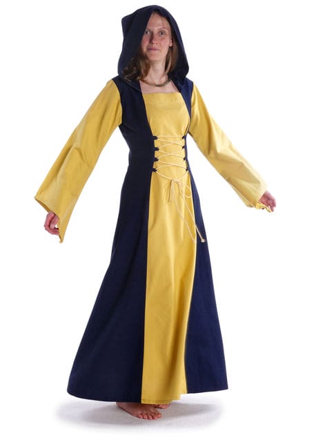 Mittelalter Kleid Liebgart in Gelb-Blau Frontansicht 2