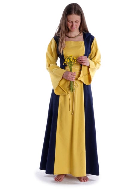 Mittelalter Kleid Liebgart in Gelb-Blau Frontansicht 3