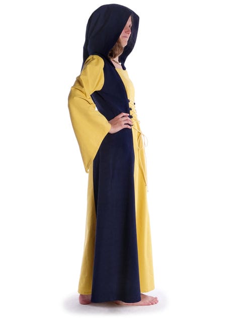 Mittelalter Kleid Liebgart in Gelb-Blau Seitenansicht 2