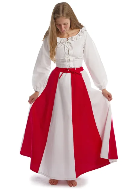 Mittelalter Rock Ginover in Feuerrot-Weiß Frontansicht