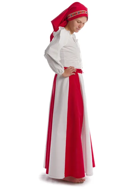 Mittelalter Rock Ginover in Feuerrot-Weiß Seitenansicht 2