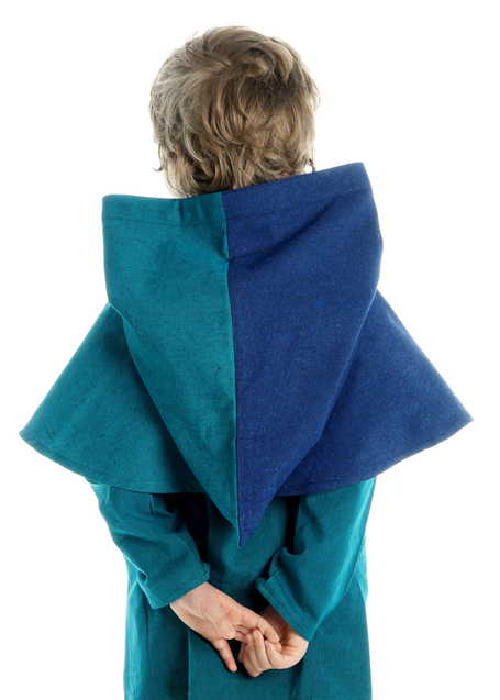 Mittelalter Kinderkapuze Liadarz Mi-Parti in Blau-Grün Rückansicht