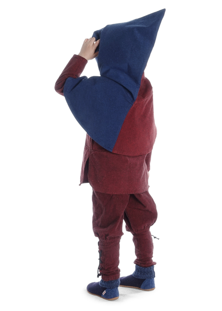 Mittelalter Kinderkapuze Liadarz Mi-Parti in Rot-Blau Rückansicht