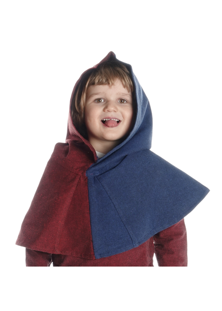 Mittelalter Kinderkapuze Liadarz Mi-Parti in Rot-Blau Frontansicht