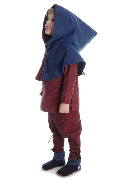 Mittelalter Kinderkapuze Liadarz Mi-Parti in Rot-Blau Seitenansicht