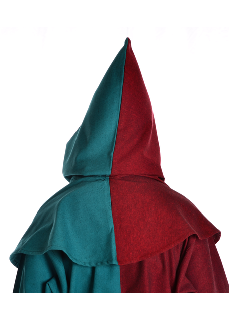 Mittelalter Kinderkapuze Liadarz Mi-Parti in Rot-Grün Rückansicht