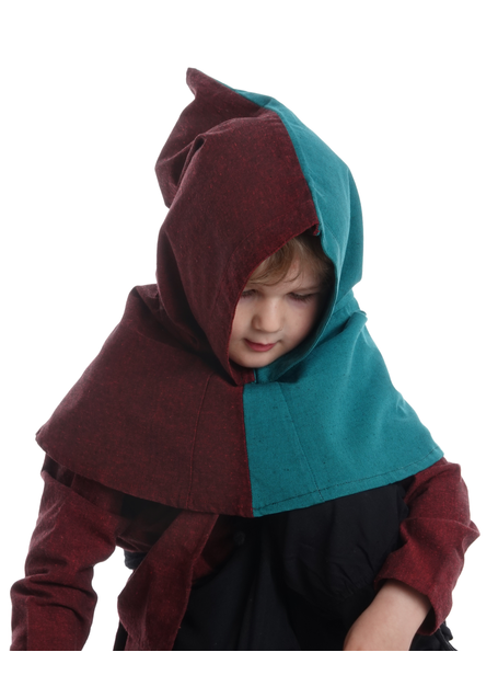 Mittelalter Kinderkapuze Liadarz Mi-Parti in Rot-Grün Frontansicht