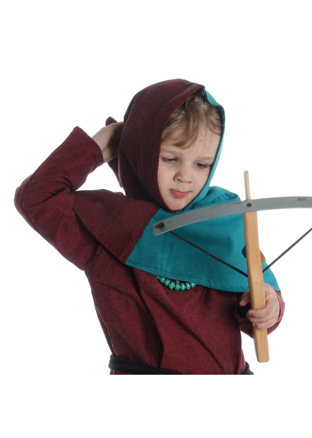 Mittelalter Kinderkapuze Liadarz Mi-Parti in Rot-Grün Frontansicht 3