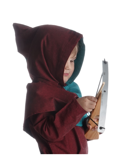 Mittelalter Kinderkapuze Liadarz Mi-Parti in Rot-Grün Seitenansicht