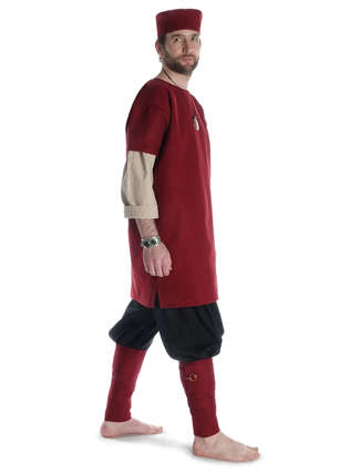Mittelalter Wadenwickel Balder Set mit Fibeln in Rot Frontansicht 4