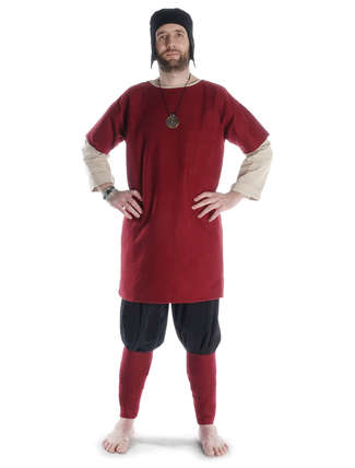 Mittelalter Wadenwickel Balder Set mit Fibeln in Rot Frontansicht 5