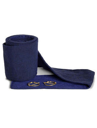 Mittelalter Wadenwickel Balder Set mit Fibeln in Blau Frontansicht 2