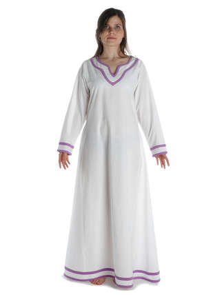 Wikinger Kleid Hildr in Weiß-Violett Frontansicht