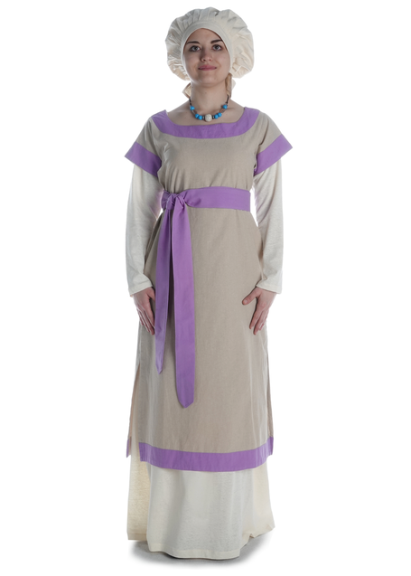 Mittelalter Kleid Linde in Hanffarben-Violett Frontansicht 3