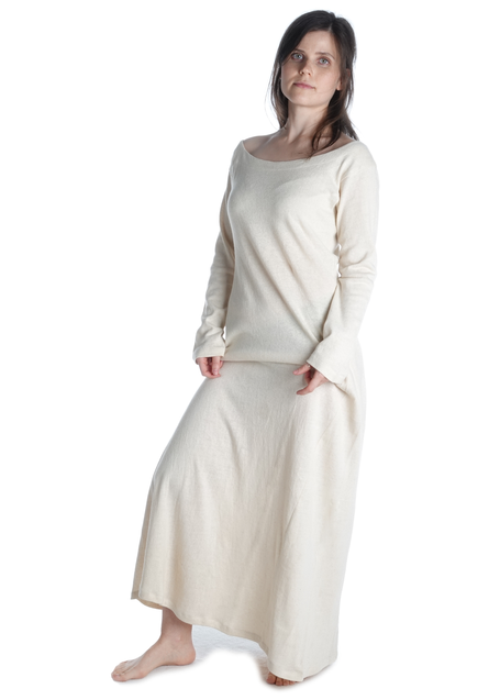 Mittelalter Kleid Schoete in Hanffarben Seitenansicht