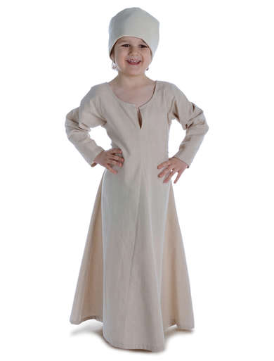 Mittelalter Kinderkleid Geirdriful in Hanffarben Frontansicht