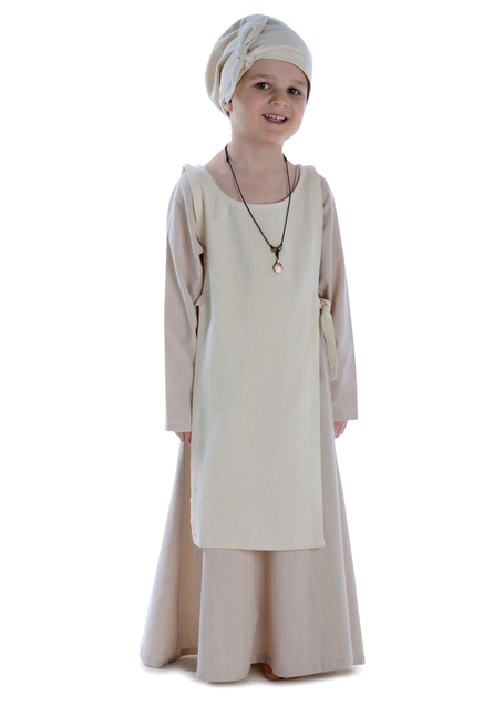 Mittelalter Kinderkleid Geirdriful in Hanffarben Frontansicht 3