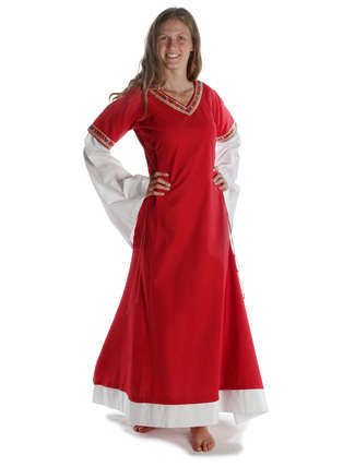 Mittelalter Kleid Saelde mit Bordüre in Feuerrot Frontansicht