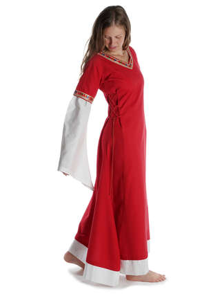 Mittelalter Kleid Saelde mit Bordüre in Feuerrot Seitenansicht