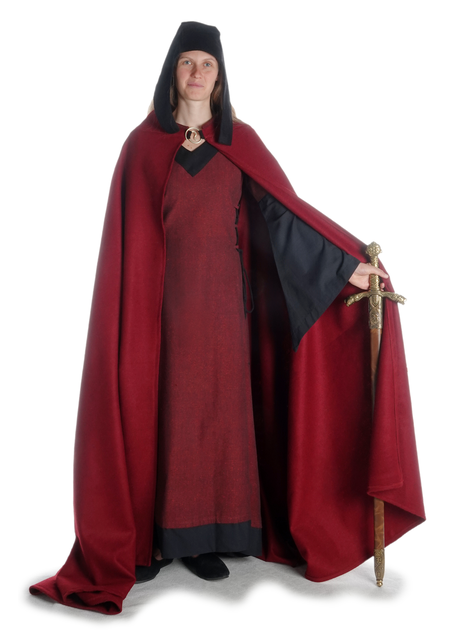 Mittelalter Kleid Saelde mit Zierleiste in Rot-Schwarz Frontansicht 3