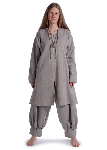 Wikinger Tunika Torhild in Fischgrät Brown-Weiß Frontansicht