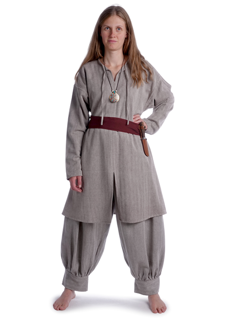 Wikinger Tunika Torhild in Fischgrät Brown-Weiß Frontansicht 2