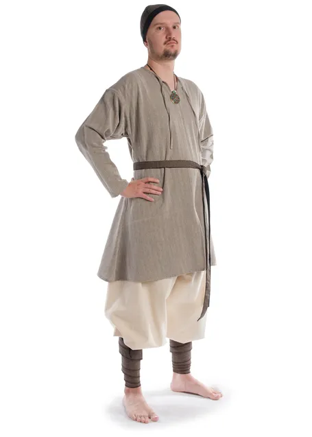 Wikinger Tunika Thord in Fischgrät Braun-Weiß Seitenansicht 3