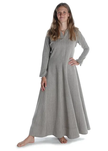 Wikinger Kleid Catella in Fischgrät Braun-Weiß Frontansicht