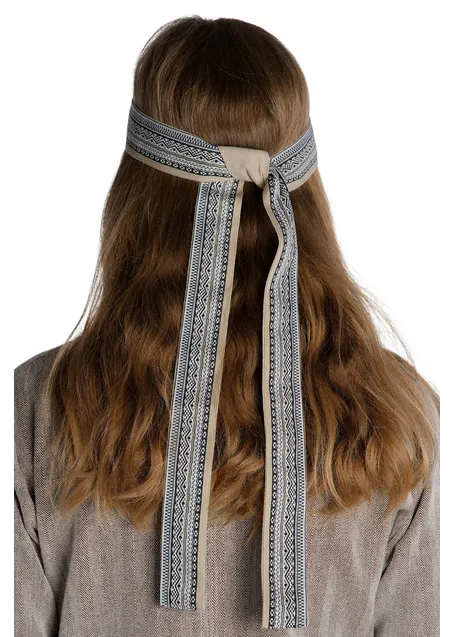 Mittelalter Haarband Ottilia in Hanffarben-Schwarz-Weiß Rückansicht